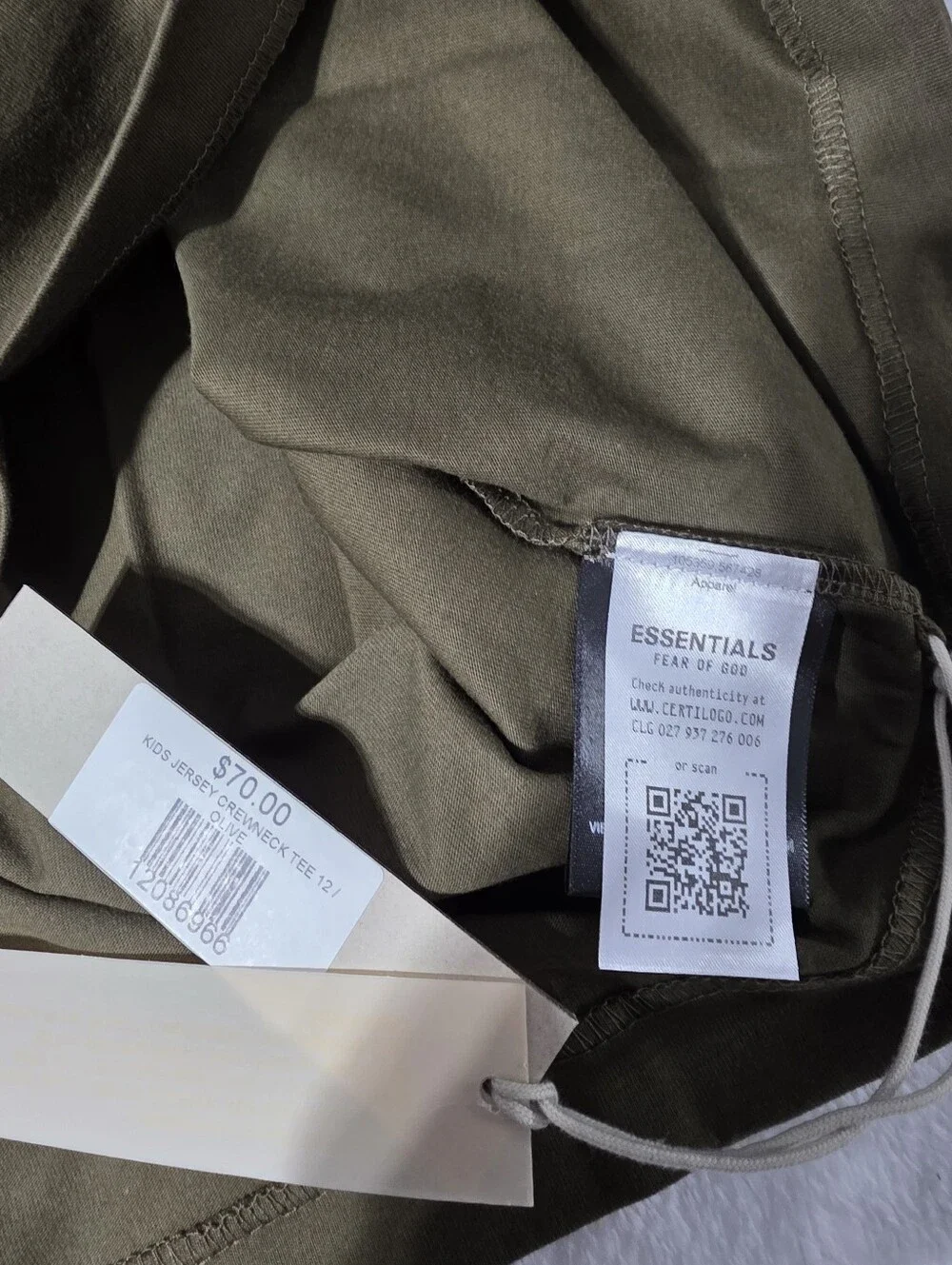 NWT Oversized Fear of God Essentials Kids Cotton Crew Neck Tee Sz 12 Olive